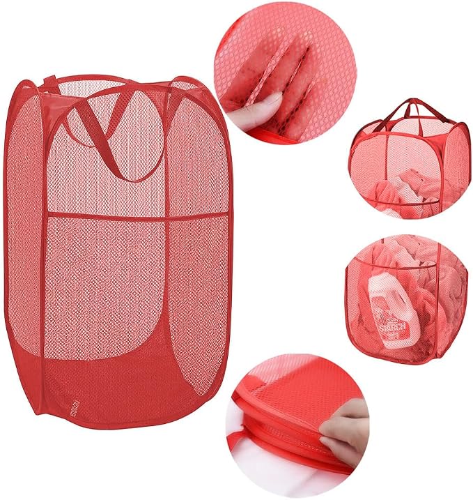Larpur Popup Mesh Laundry Basket, Collapsible and Portable Clothes Washing Laundry Hamper with Reinforced Carry Handle (Red) - Image 6