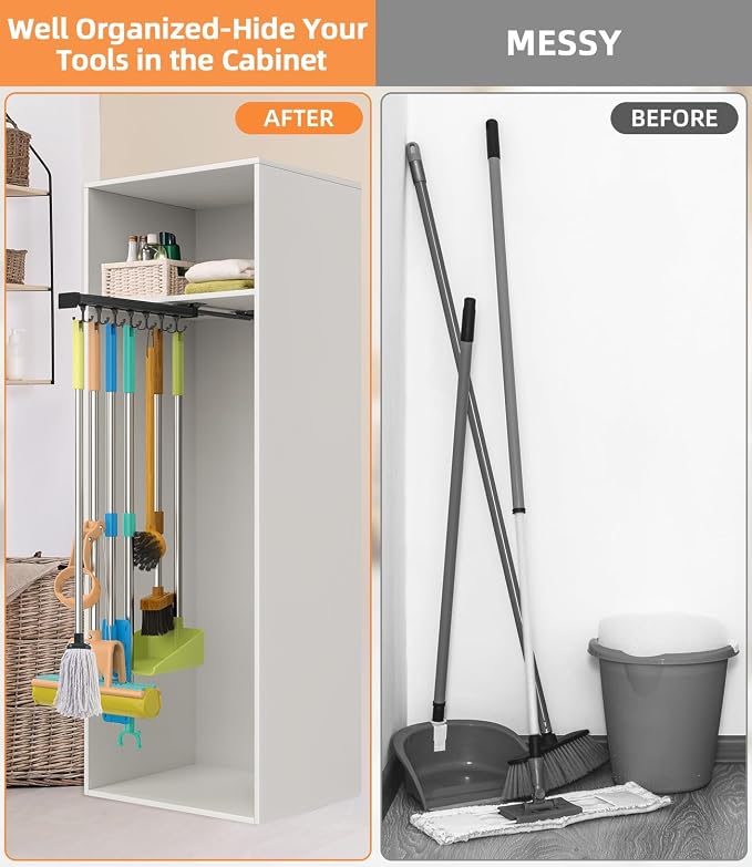 Pull Out Broom Holder With Adjustable Double Row Sliding Hook-Black 16.14IN - Image 2