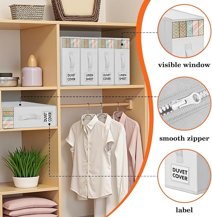 WOWBOX Sheet Organizers and Storage,Closet Bed Sheet Organizer Under Bed Storage and Organization with Label Cards & Clear Window for Bedding Sheets,Duvet Covers,Blankets (10 Pack，White) - Image 2