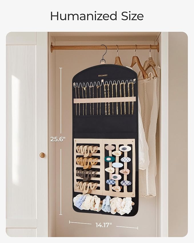 BAGSMART Hanging Jewelry Organizer Claw Clip Necklace Holder Roll for Hair Ties, Headbands, Clips, Earrings, Necklaces, Glasses Double-Sided on Closet, Wall, Door, 1 piece, Large-Light Beige - Image 7
