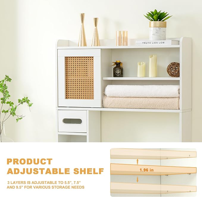 6Tier Over The Toilet Storage Cabinet, Freestanding Above Toilet Space Saver Rack w/Adjustable Shelves, Sliding Door, Multifunctional Over Toilet Organizer for Bathroom (White) - Image 5