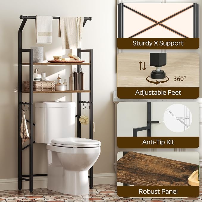 YATINEY 2-Tier Over The Toilet Storage, Multifunctional Vertical Over Toilet Bathroom Organizer, Freestanding Bathroom Storage Shelves with Hooks, Bathroom Organizer, Rustic Brown and Black TR01BR - Image 9