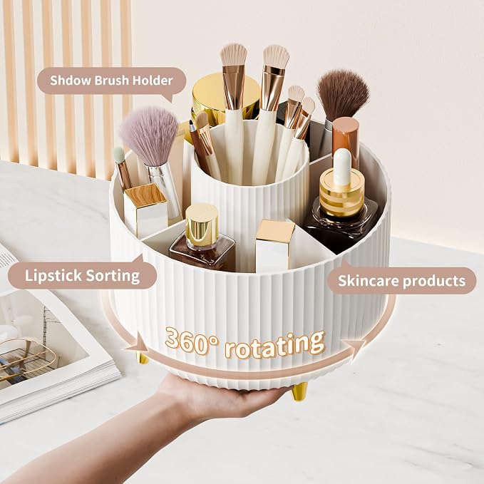 fanado 360° Rotate Makeup Brush Holder Organizer, Makeup Organizers Countertop, Makeup organization and Skincare Storage for Vanity, Desktop, Bathroom (White) - Image 2