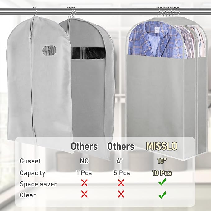 MISSLO 10" Gusseted Garment Bags for Hanging Clothes 32" Suit Bags for Closet Storage Clothing Covers for Shirts, Coats, 3 Packs, Grey - Image 3