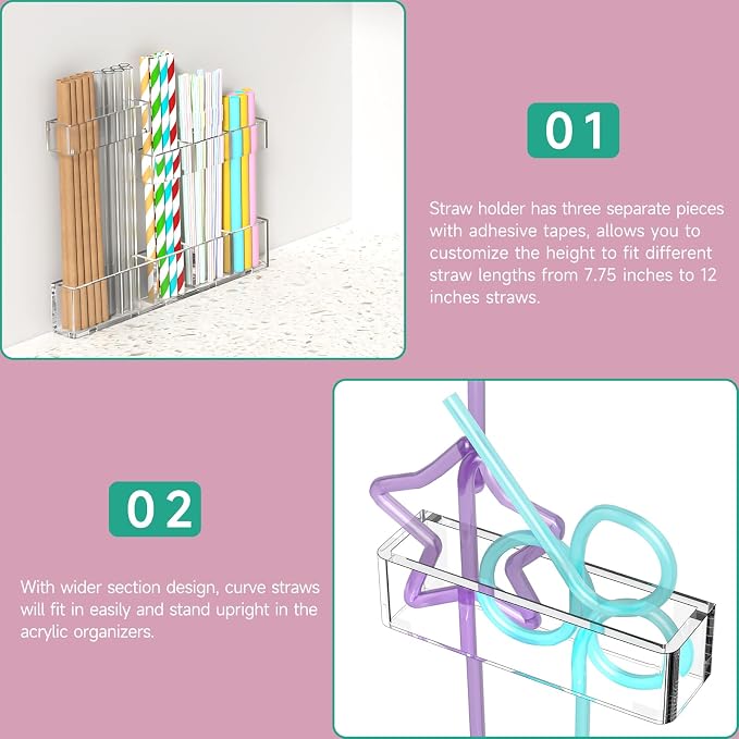 Acrylic Straw Organizer for Cabinet Door - 9.5'' Large Transparent Adjustable 3-Part Reusable Drinking Straw Holder Dispenser Kitchen Accessories Container Cupboard Door Mounted - Image 6