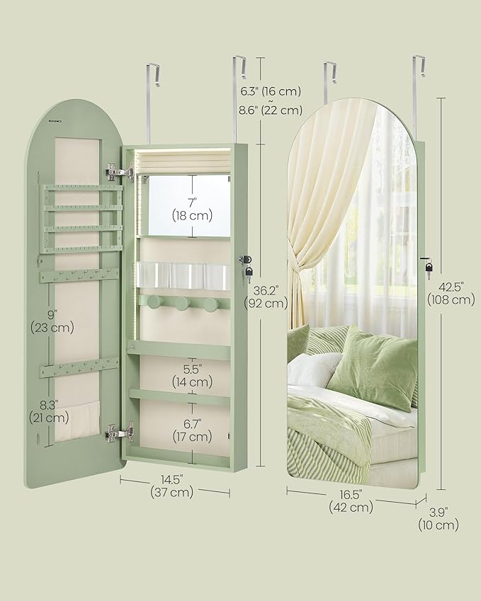 SONGMICS Wide Jewelry Organizer, Wall/Door Mounted, LED Cabinet, Lockable - Image 5