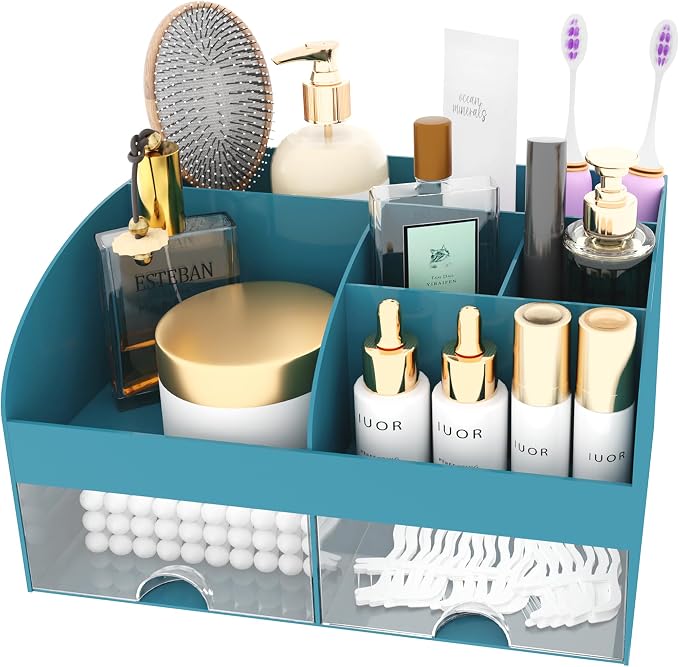 Makeup Organizer with Drawers, Cosmetic Storage for Dresser Vanity and Bathroom Countertop, Beauty Holder for Lipstick Brush, Skincare Organizer for Vanity, Cosmetic Display Case (Dark Green) - Image 2