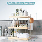 Uneviesyka Bathroom Counter Organizer, 3-Tier Standing Storage Shelf with Basket, Wood Tray for Skincare Vanity Organizer(White) - Image 2