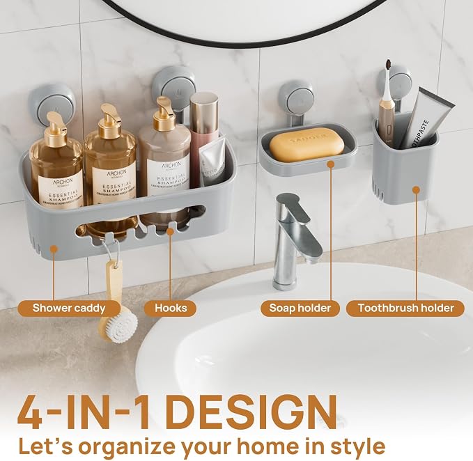 LEVERLOC Shower Caddy Suction Cup Set Shower Organizer & Soap Holder, Grey - Image 9
