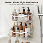 Orimade Shower Caddy Basket Shelf Storage Rack Pack of 2, No Drilling Wall Mounted Adhesive Rust Resistant Stainless Steel Shower Organizer with 5 Hooks for Bathroom, Toilet, Kitchen - Image 9
