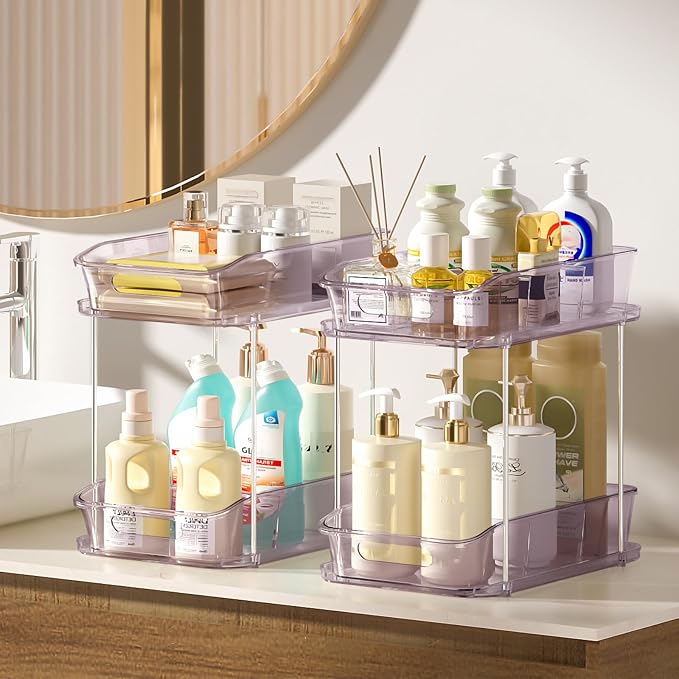Delamu 2-Tier Under Sink Organizers and Storage, Multi-Purpose Stackable Bathroom Cabinet organizers, Pull Out Kitchen Pantry Organization and Storage with Dividers(2 Pack, Purple) - Image 6