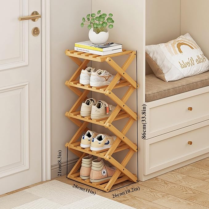 5 Tier Foldable Shoe Rack, Bamboo Vertical Shoe Organizer Tall for Multifunctional Narrow Shoe Shelf for Entryway, Closet, Corner, Bedroom, Hallway(Natural) - Image 2