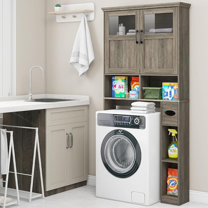 Vabches Over The Toilet Storage Cabinet with Doors & Paper Holder, Grey - Image 4