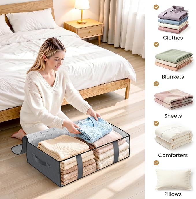 StorageRight Under Bed Storage Bags, 8 Pack, 40L, Gray | Breathable Non-Woven Fabric with a Clear Window and Zippered Top for Clothes, Comforters, Blankets and Seasonal Storage - Image 7