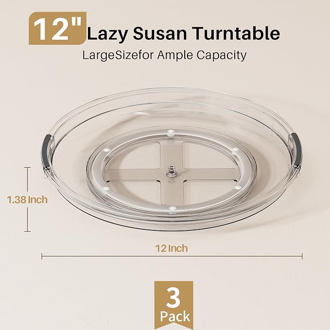 LAMU 3 Pack 12'' Lazy Susan Organizer Turntable for Cabinet, Pantry Organizers and Storage, Rotating Condiment Organizer for Kitchen, Table Top, Fridge, Countertop, Spice Organization - Image 2