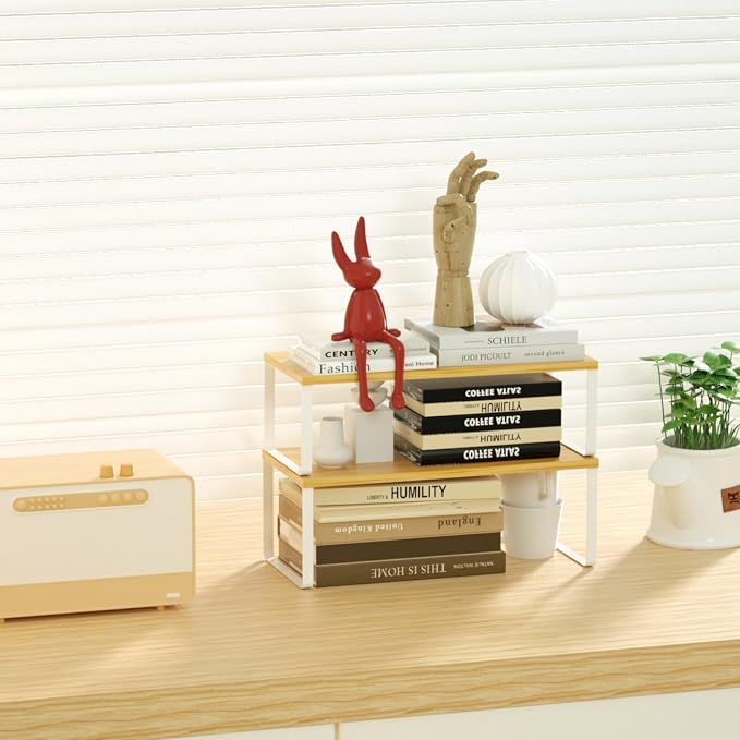 NEX Kitchen Cabinet and Counter Shelf Organizer, Stackable & Expandable, Set of 4, White and Natural - 7.7 x 15.6 x 6.2'' - Image 7