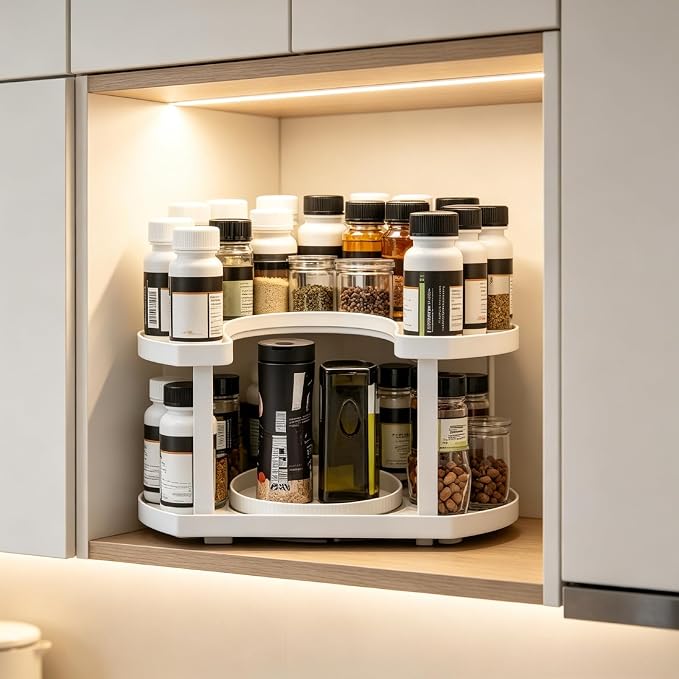2 Tier Lazy Susan Organizer for Medicine Pill Bottles Vitamin Storage - Image 2