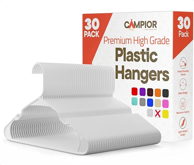 White Plastic Hangers 30 Pack– Heavy-Duty Plastic Hangers Slim and Space-Saving, Durable and Lightweight PP with Non-Slip Shoulder Notches for Slip Dresses, Suits, Jackets & Camisoles by Campior
