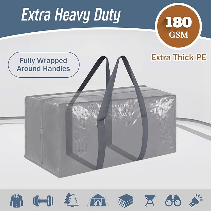 12 Pack Extra Heavy Duty Large Moving Bags with Strong Zipper, Gray | Comfortable Handles, Sturdy & Durable Clothes Storage Bags Totes Bins, Blue Packing Moving Boxes for College Supplies - Image 2