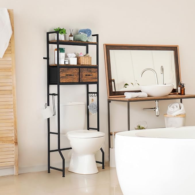 YBING Over The Toilet Bathroom Storage Cabinet for Freestanding, Above Toilet Shelf with Fabric Drawer, Tall Bathroom Shelf Organizer with Toilet Paper Holder, Brown - Image 5