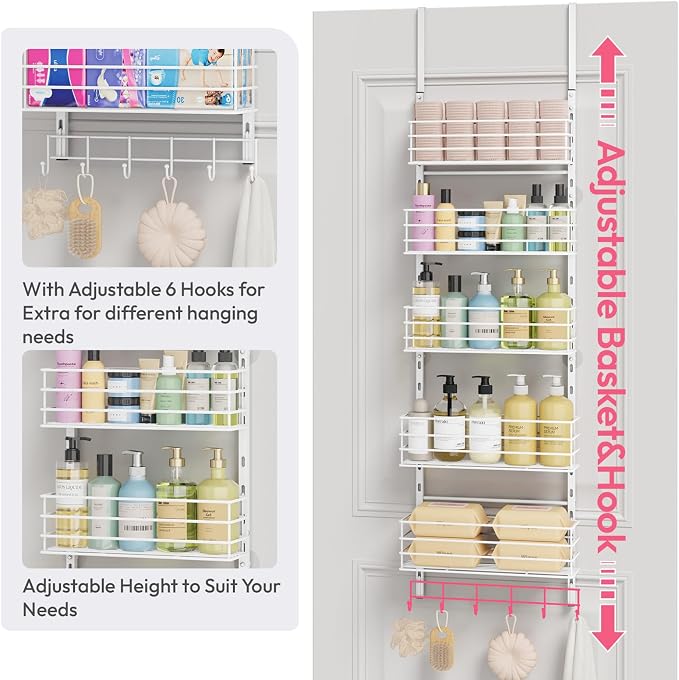 SWTYMIKI Over The Door Organizer - Door Organizer Hanging with 5 Adjustable Metal Large Capacity Basket and 6 Coat Hook, Wall Mounted Shelf for Bedroom Closet Bathroom Laundry Pantry Cabinet Kitchen - Image 5