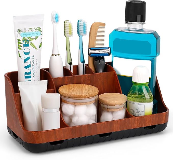 GFWARE Bathroom Decor and Accessories - Detachable 7 Slots Kids Electric Toothbrush and Toothpaste Holde for Bathroom Tray Countertop Vanity Storage, Bathroom Sink Storage Organizer, Red Wood by GFWARE