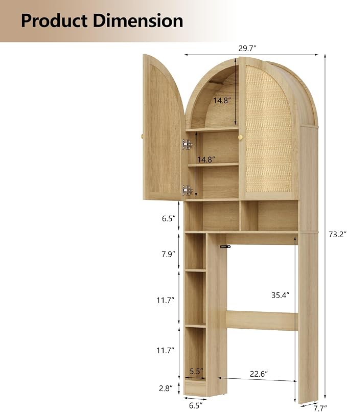 Over The Toilet Storage Cabinet, 29.7”W Modern Storage Cabinet Over Toilet with Rattan Doors, Arched Freestanding Over Toilet Rack with Adjustable Shelf for Bathroom, Nature - Image 2