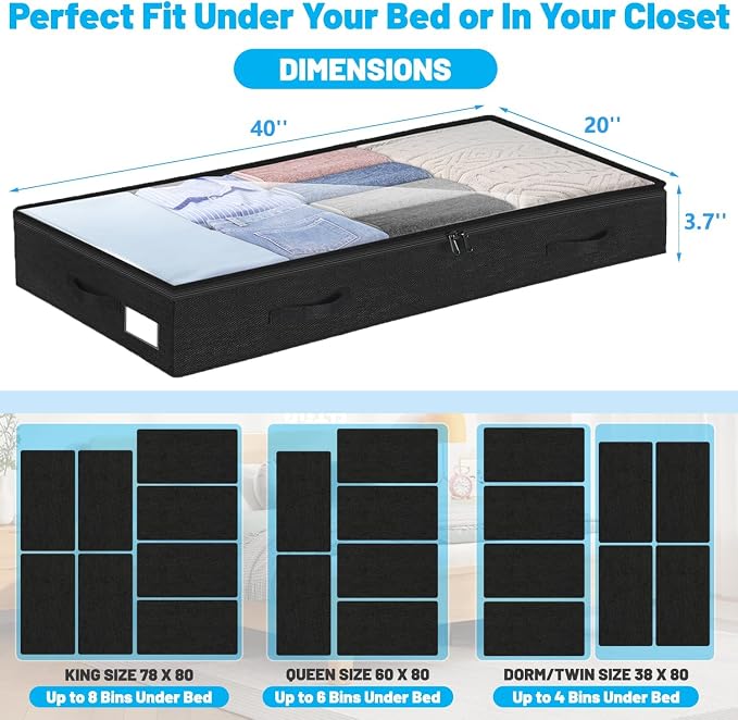 4 Inch Low Profile Under Bed Storage Drawer 2 Pack, Lightweight Underbed Clothes Storage Container Bins With NO STURCTURE, Shallow Storage Bag for Dorm & Home, With Clear Lids & Water-Resistant Fabric - Image 2