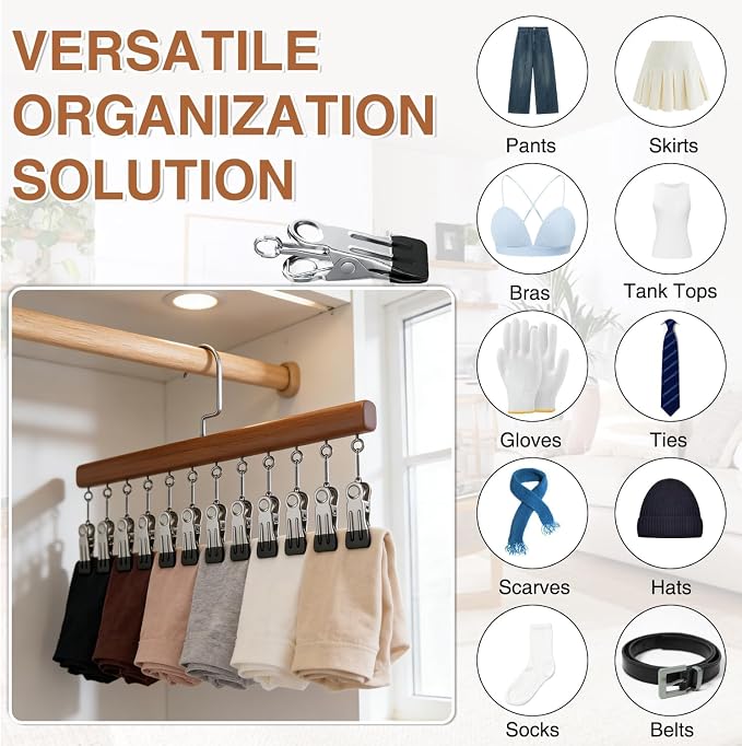 Closet Organizer with 12 Clips, Space Saving Hangers for Clothes, Hanging Closet Organizers and Storage, Wooden Socks Hats Pants Hangers with Clips, for Small Room Organization (2 Pack) - Image 6