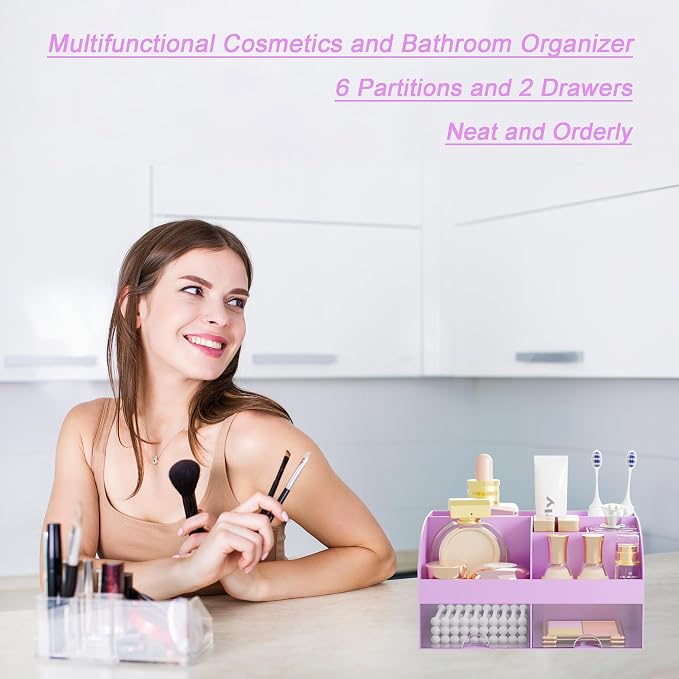 Makeup Organizer with 2 Drawers, Cosmetic Storage for Dresser Vanity and Bathroom Countertop,Make up organization and Skincare Storage with Beauty Brush Holder, Cosmetic Display Case (Purple) - Image 3