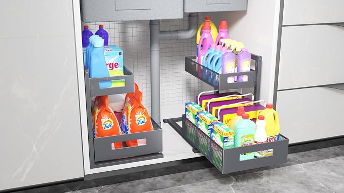 Petiza Under Sink Organizer Pull Out Cabinet Organizer Adjustable Height 2 Tier with Sliding Drawers Kitchen Bathroom Organizer and Storage(Gray-1pc) - Image 6