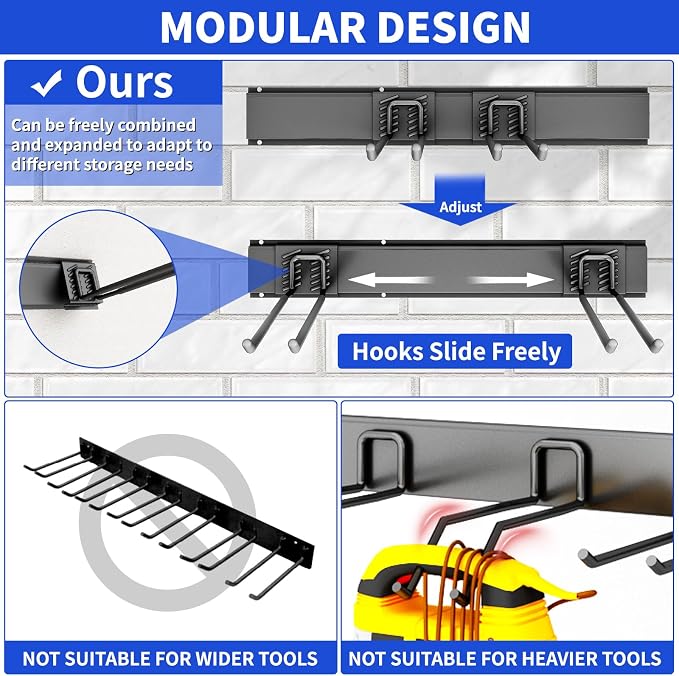 Garage Tool Organizer Wall Mount, 64 Inch Heavy Duty Garden Tool Organizer Storage System, Easy Install with 10 Adjustable Hooks, for Garage, Basement, Shed, Workshop, Black, Steel - Image 2