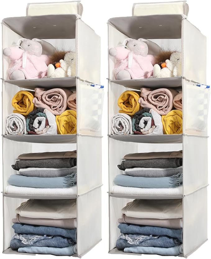 2 Packs Hanging Closet Organizer Storage, 4-Shelf Hanging Shelves for Closet, Closet Clothes Organizer and Storage with Side Pocket, Beige by WelcometoYRCBEHFU