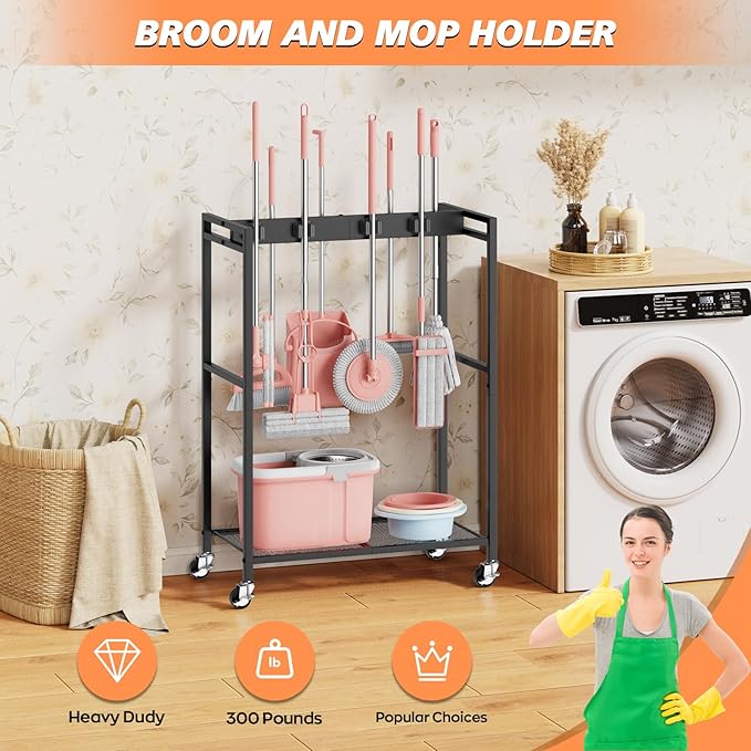 Broom and Mop Holder, MUNNAR Broom Closet Storage Cabinet, Cleaning Cart with Broom and Mop Hanger, Janitorial Cart with Wheels for Household, Laundry Room Organization - Image 3