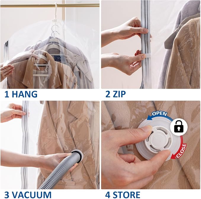Hanging Vacuum Storage Bags, Space Saver Vacuum Seal Bag for Cloth, 6 Combo | Vacuum Seal Bags for Clothing, Hanging Garment Storage for Jackets, Suits, Dresses, Winter Clothes Storage Closet Organizer - Image 6