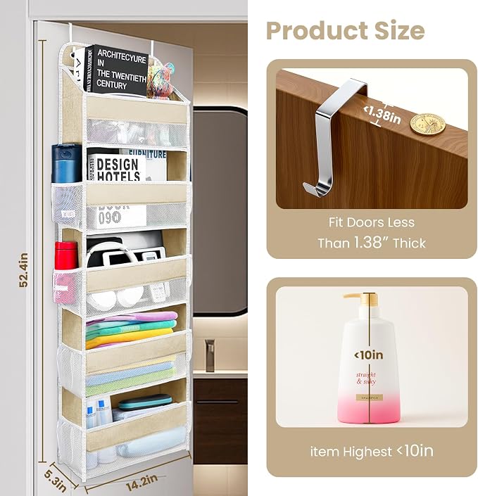 Space Saving Over The Door Organizer,5 Shelves & 8 Side Pockets,Anti Tilt Hanging Behind Door Storage,Heavy-Duty Reinforced Mesh Rack Holds 44lb for Bathroom,Pantry, Nursery,Closet, Shoes, Towels - Image 2