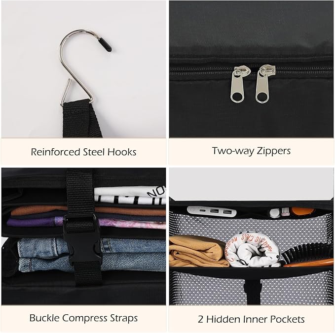 Surblue Hanging Closet Storage Bag Collapsible 3-Shelf Washable Oxford Fabric with 2 Hooks (L 11.41 * 11.41 * 19.68in, Black) - Image 6