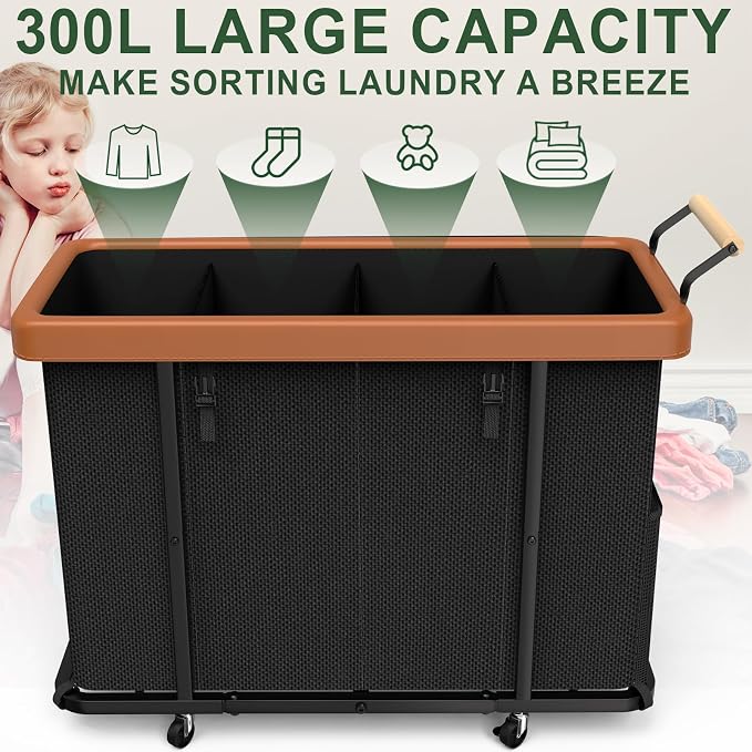 Laundry Hamper 4 Section with Lid, 300L Rolling Basket Hamper with Handle - Image 2