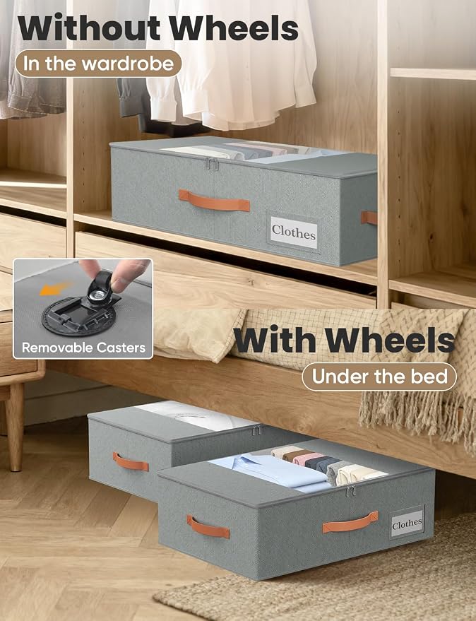 TOSKING 2-Pack Under Bed Storage Bins with Wheels, 4 Vacuum Bags, Heavy Duty 80 lbs, 7.9" Height, 47L Clear Lid Organizer, Space Saver for Dorm Bedroom Clothes Shoes Toys, Quick Assembly, Gray - Image 6