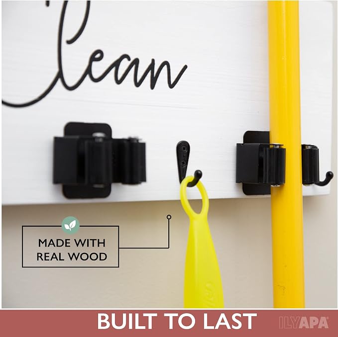Ilyapa Wall Mount Broom Holder, White Wooden Mop Storage - Image 2