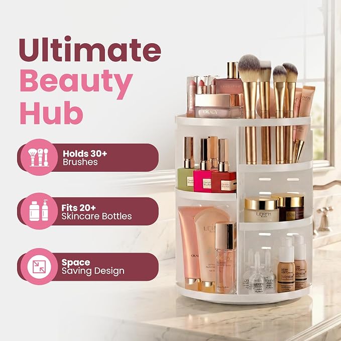 Masirs 360 Rotating Makeup Organizer Countertop, Adjustable Shelf, White - Image 2