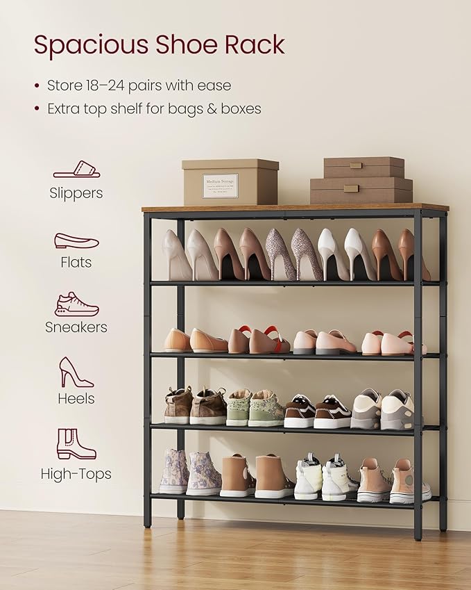 VASAGLE 5-Tier Shoe Rack, 18-24 Pairs, Metal Mesh - Image 4