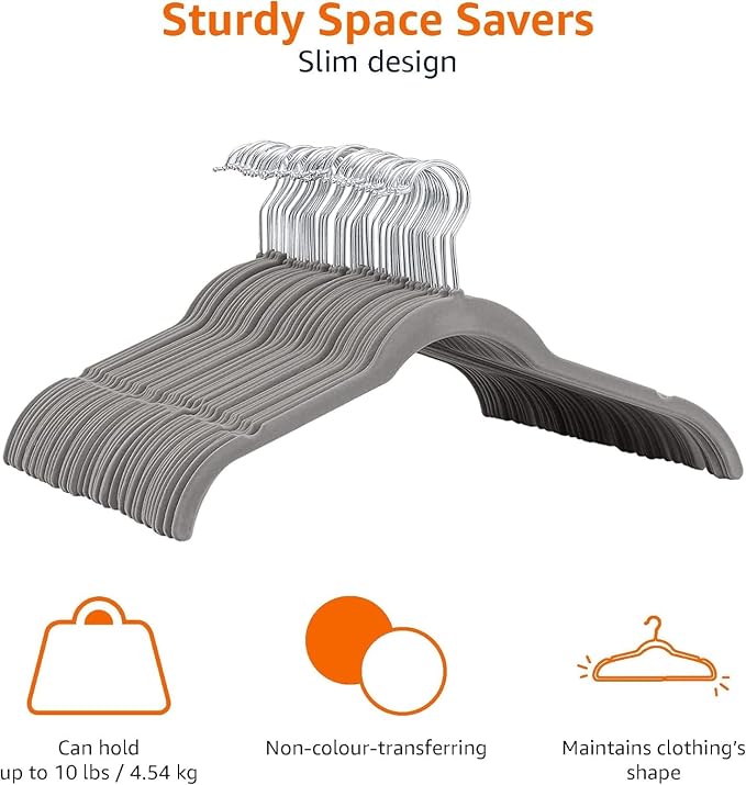 Amazon Basics Space Saving Slim Velvet Non-Slip Clothes Hangers for Closet Organization, Gray/Silver, 150-Pack - Image 4