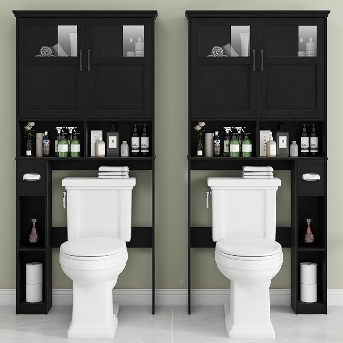 Vabches Over The Toilet Storage Cabinet with Doors & Paper Holder, Black - Image 5