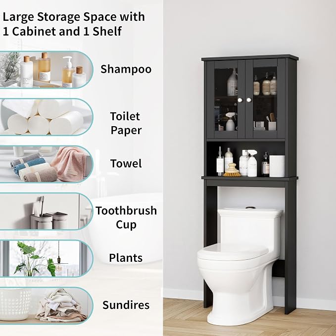 Shintenchi Over The Toilet Storage Cabinet, Bathroom Shelf Organizer with Anti-Tip Device Small Freestanding Space Saver with Adjustable Shelf and Glass Door, Black - Image 4