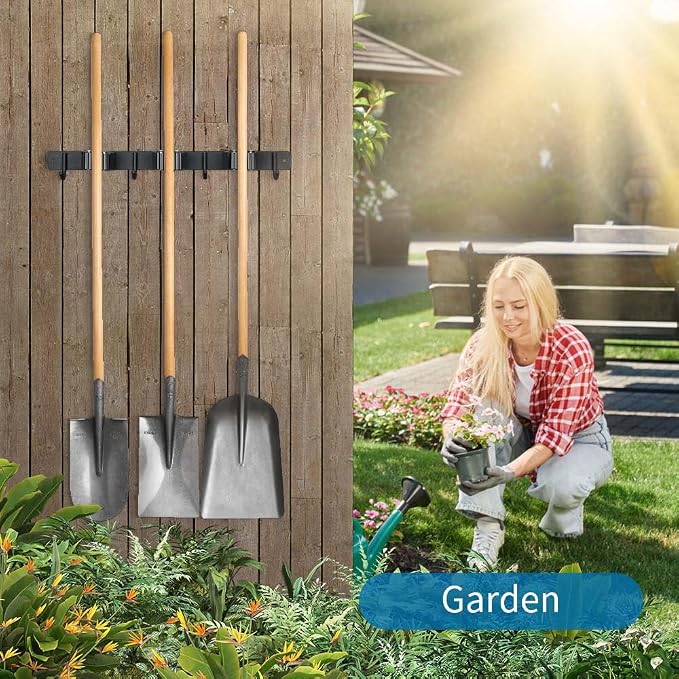 2 Pack Broom Hanger and Mop Holder, Heavy Duty Garden Tool Organizer Rack Rake and Shovel Handle, Stainless Steel Wall Mounted Utility Rack with Screws (5 Racks with 4 Hooks, Matte Black). - Image 5