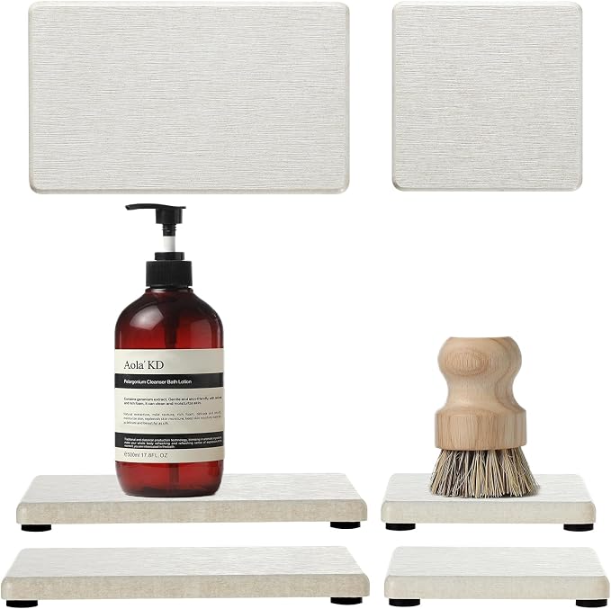 Razborci 4PCS Bathroom Sink Vanity Trays, Diatomaceous Earth Quick Stone Drying Mat Kitchen Counter Dish Soap Dispenser Sponge Holder, Water Absorbing Caddy Organizer for Bottle & Cup, Beige by Razborci