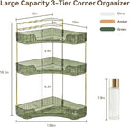 3-Tier Corner Bathroom Counter Organizer with Makeup Brush Holder, Green - Image 2