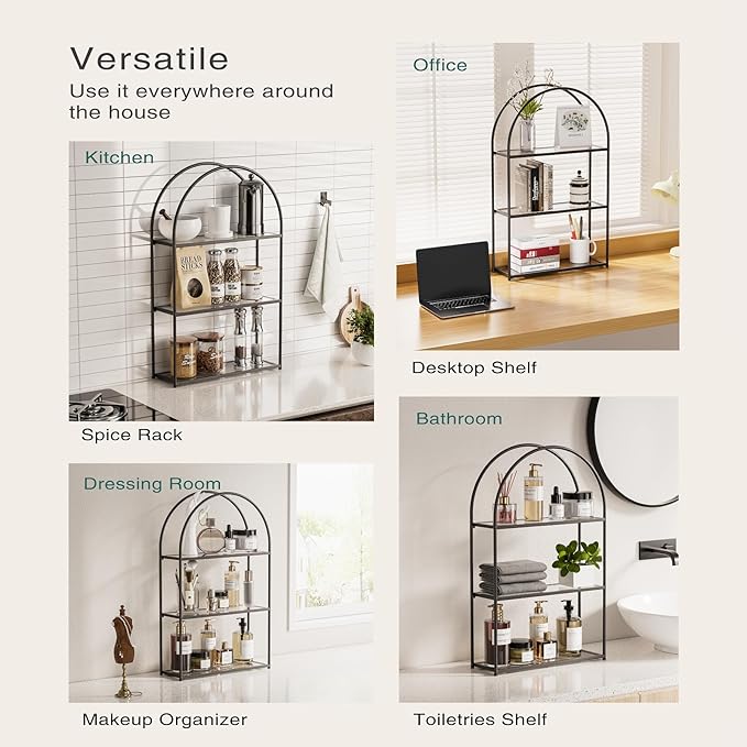 Crofy 3-Tier Arched Wall Shelf with Black Frame & Transparent Shelves - Image 6