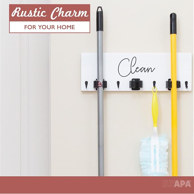 Ilyapa Wall Mount Broom Holder, White Wooden Mop Storage - Image 4